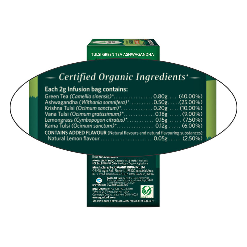 Organic India Tulsi Green Tea | Ashwagandha | 25 Tea Bags