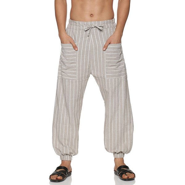 Cotton Jogger Pants for Men | Grey | Front Pocket | Stripes
