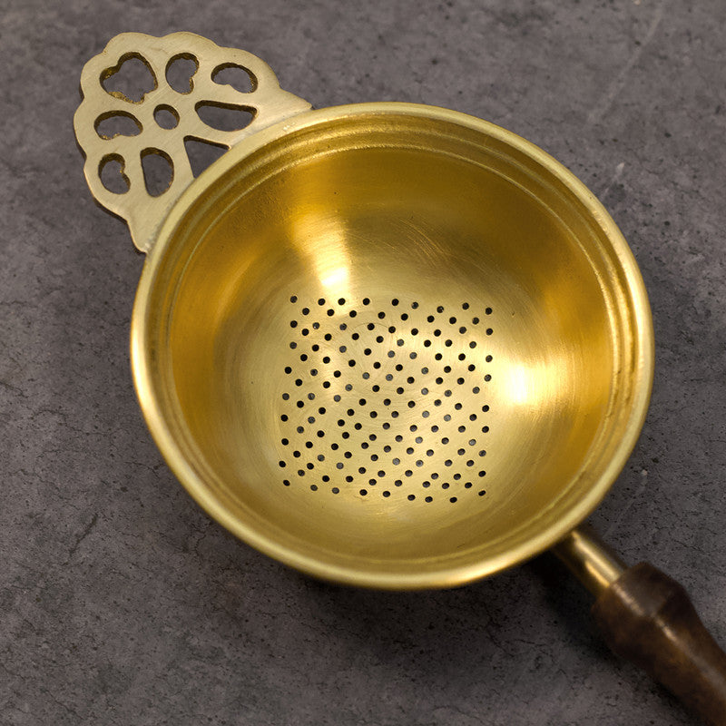 Brass Wide Tea Strainer with Resting Pot | Matte Finish | Gold | 2 Pcs