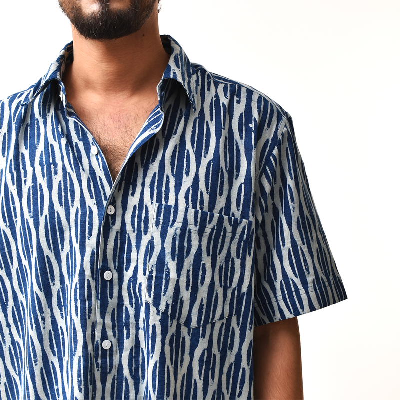 Cotton Printed Indigo Shirt for Men | Dabu Print | Half Sleeves