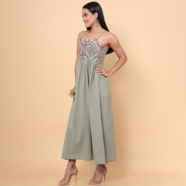 Cotton Embroidered Maxi Dress for Women | Grey
