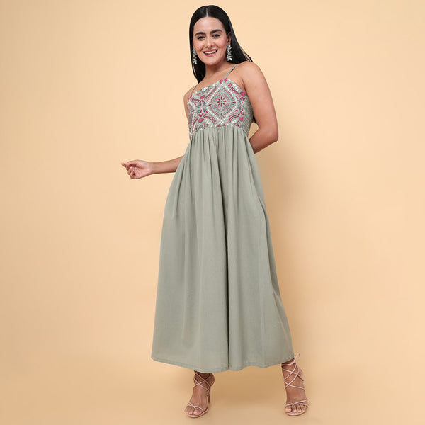Cotton Embroidered Maxi Dress for Women | Grey