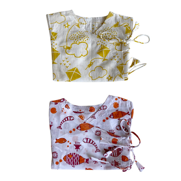 Newborn Baby Clothes | Red & Yellow Angrakha Baby Jabla | Set of 2