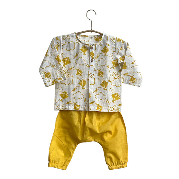 Cotton Baby Kurta Pajama Set | White & Yellow