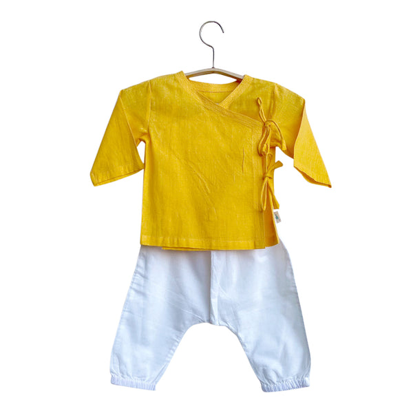 Organic Cotton Angrakha with Pants for Girls | Yellow & White