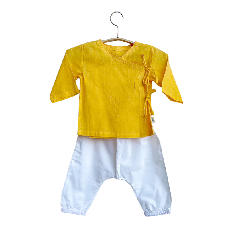 Organic Cotton Angrakha with Pants for Girls | Yellow & White