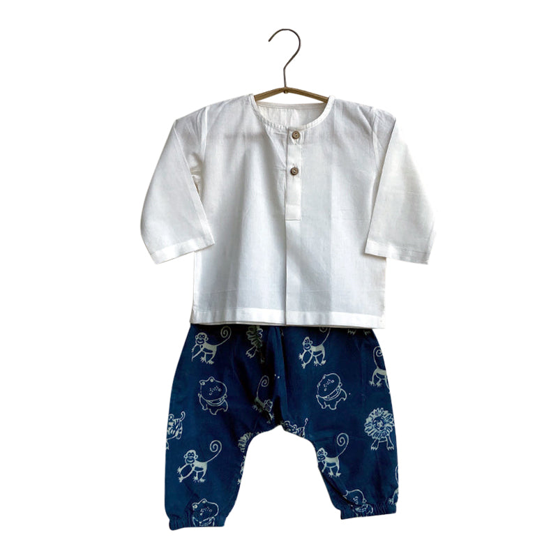 Organic Cotton Boys Kurta Pajama Set | Indigo & White