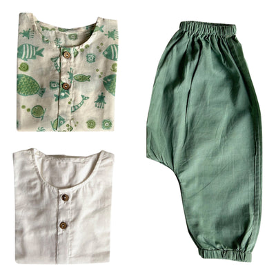 Organic Cotton Baby Kurta Pajama Set | White & Green