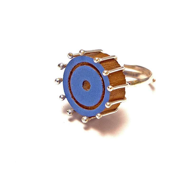 92.5 Sterling Silver & Teak Wood Ring | Blue