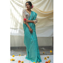 Pure Linen Saree with Blouse | Kantha Embroidery | Turquoise Blue