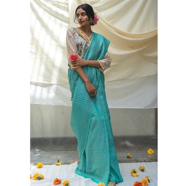 Pure Linen Saree with Blouse | Kantha Embroidery | Turquoise Blue