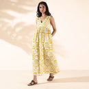 Cotton Flared Dress for Women | Ikat Print | Sleeveless | Lime
