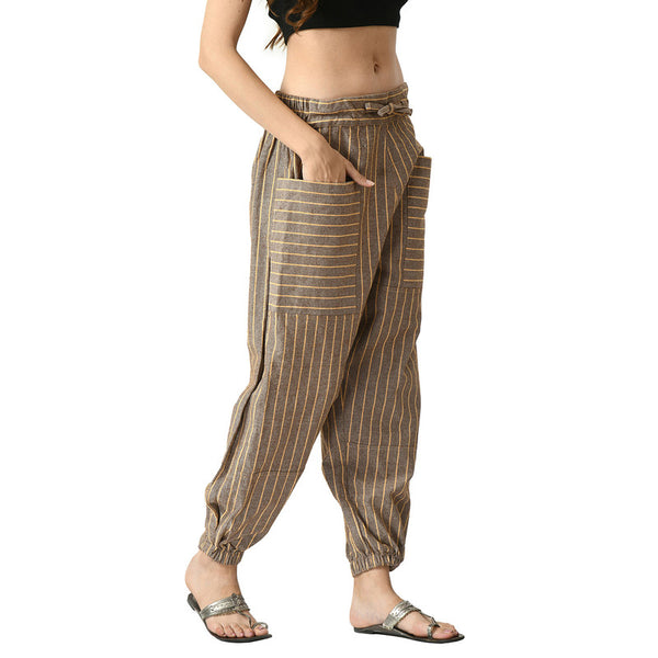 Cotton Jogger Pants for Women | Brown | Front Pocket | Stripes