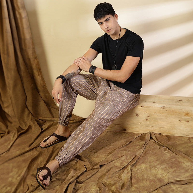 Cotton Jogger Pants for Men | Brown | Front Pocket | Stripes