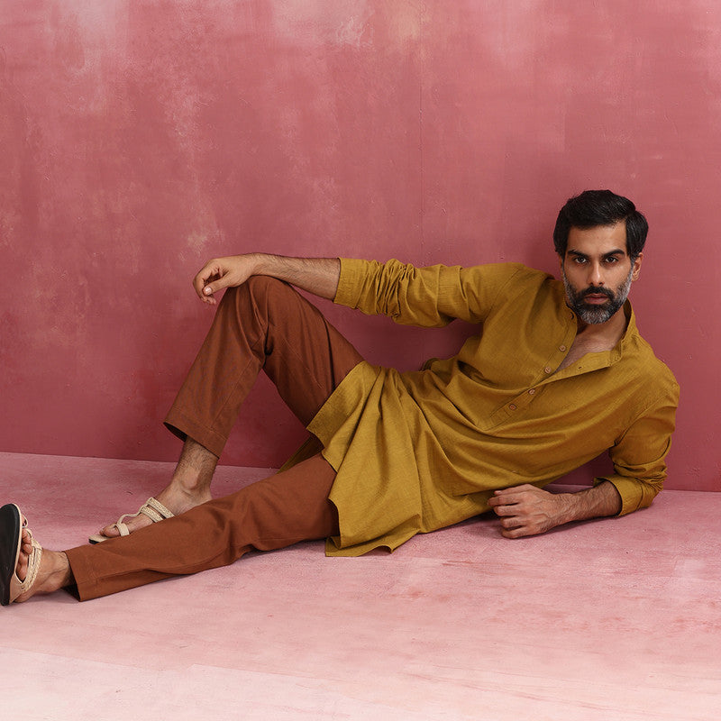 Cotton Long Kurta for Men | Mustard | Mandarin Collar