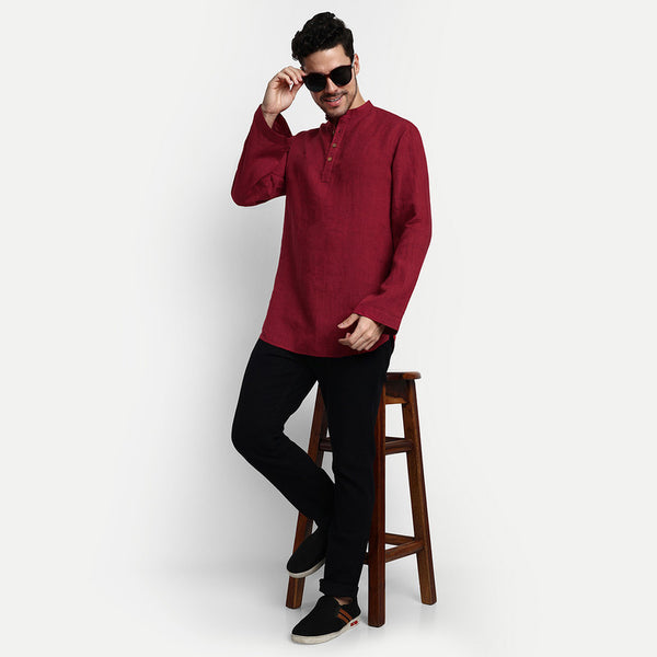 Linen Short Kurta for Men | Full Sleeves | Red