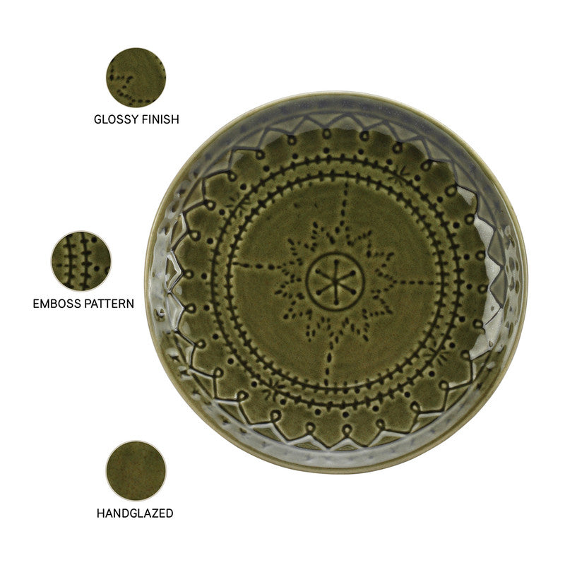 Ceramic Dinner Plate | Stoneware Emboss Design | Large | 10.6 Inches | Moss Green | Set of 6