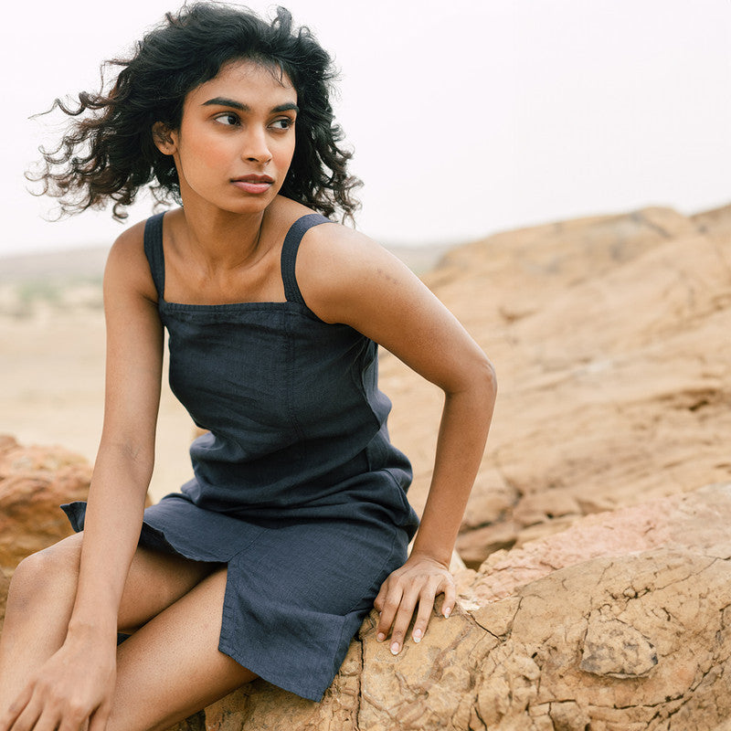 Linen Short Dress for Women | Navy Blue | Strappy