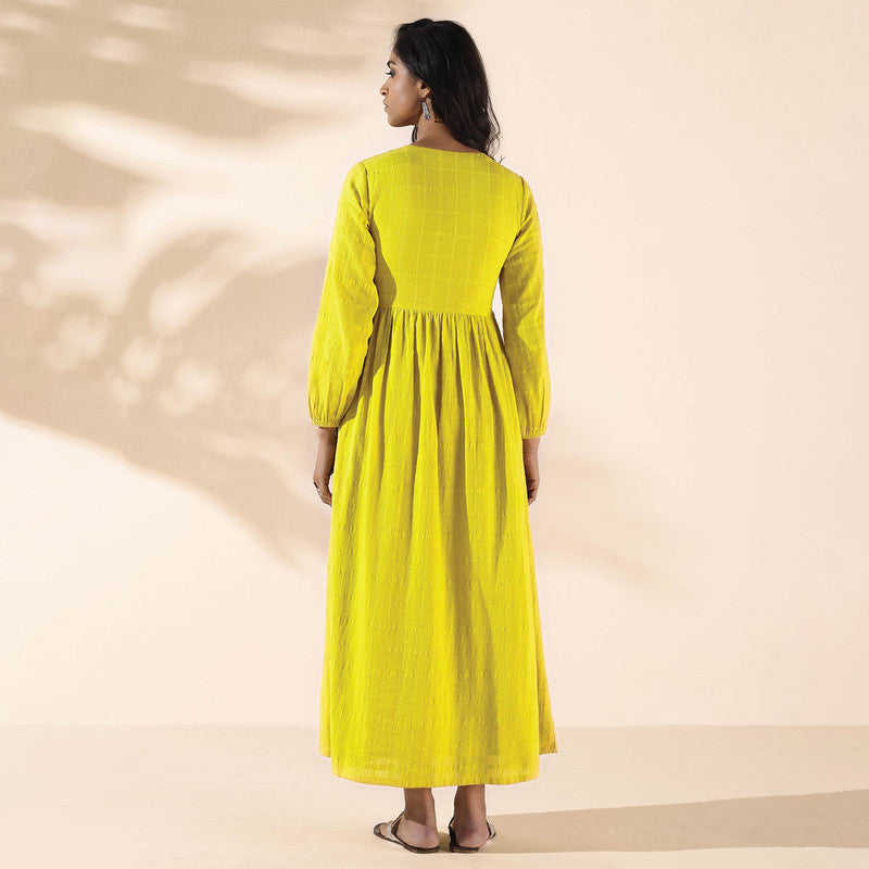 Cotton Dobby Maxi Dress for Women | Flared | Lime