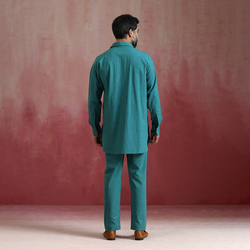 Cotton Kurta Set for Men | Teal Green | Shirt Collar