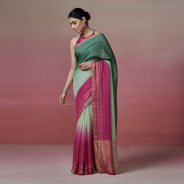 Linen Saree | Green & Magenta