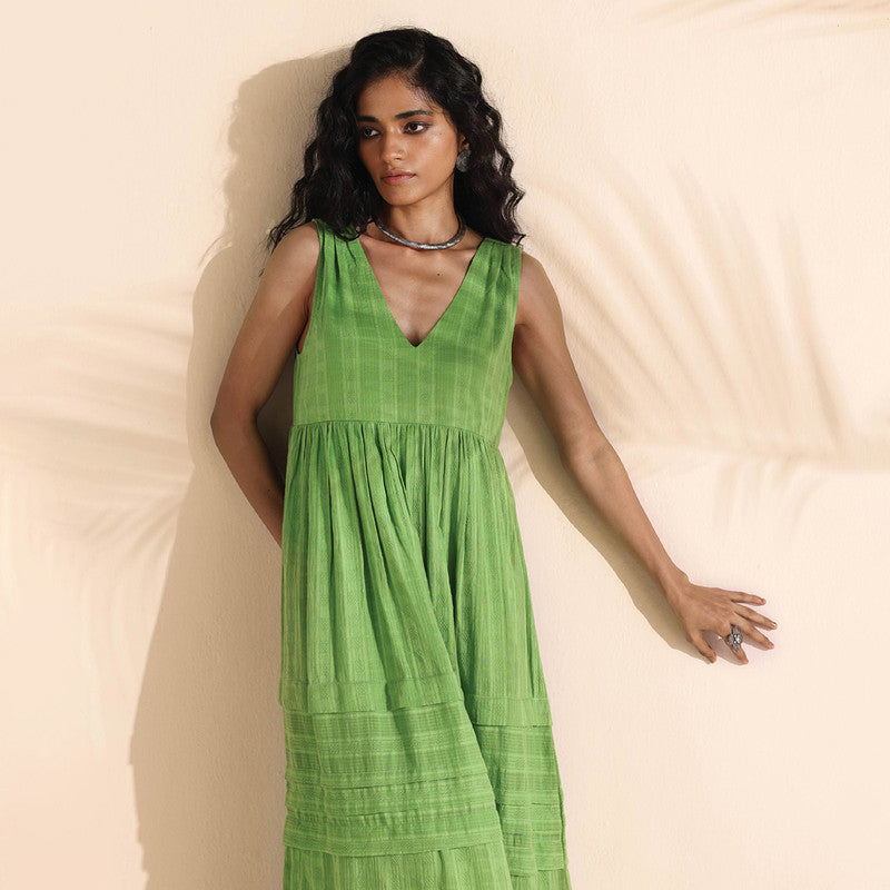 Cotton Dobby Maxi Dress for Women | Green | Sleeveless