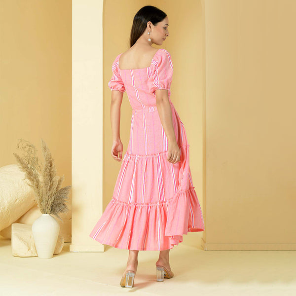 Handloom Cotton Maxi Dress | Striped | Pink