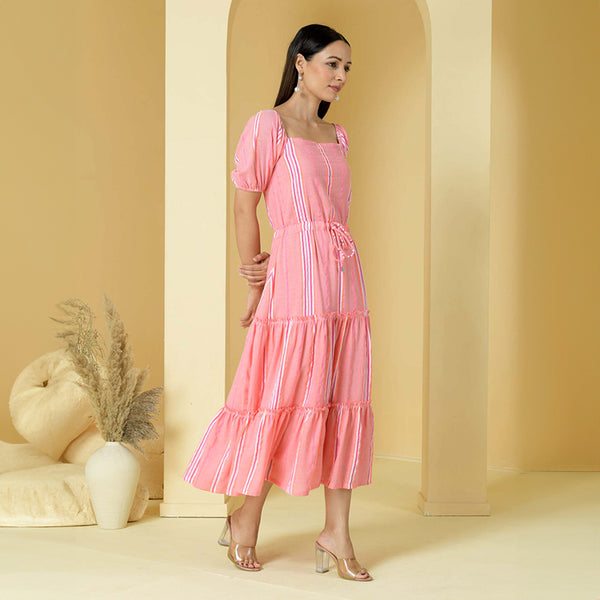Handloom Cotton Maxi Dress | Striped | Pink