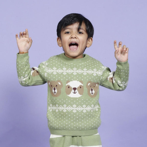 Cotton Sweater for Babies & Kids | Bear Design | Pistachio Green