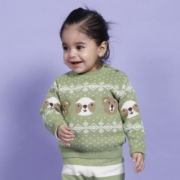 Cotton Sweater for Babies & Kids | Bear Design | Pistachio Green