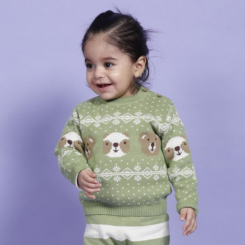 Cotton Sweater for Babies & Kids | Bear Design | Pistachio Green