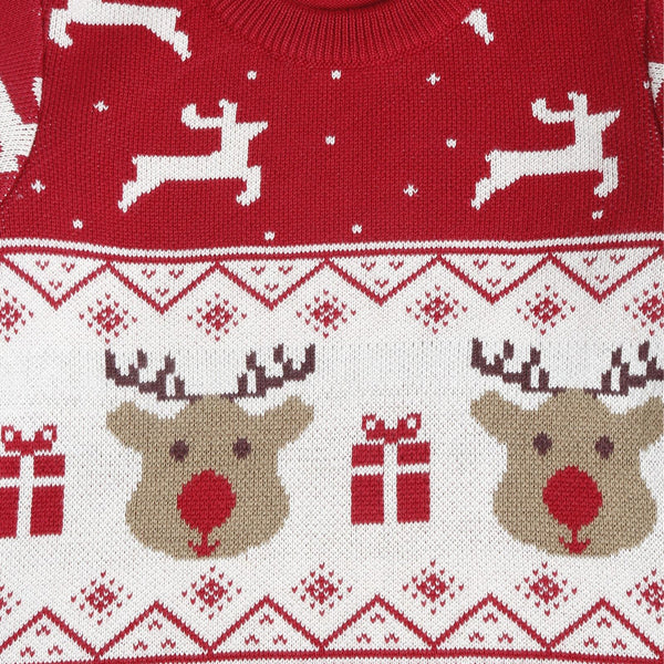 Cotton Red Sweater for Babies & Kids | Reindeer Design | Full Sleeves