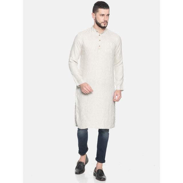 Hemp Slim Fit Long Kurta | Beige.