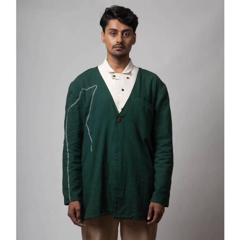 Handcrafted Pure Cotton V-neck Jacket | Green