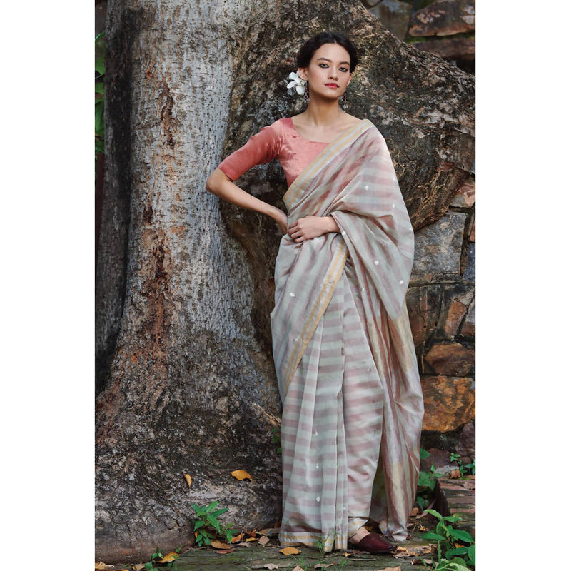 Maheshwari Silk Striped Saree | Grey & Pink