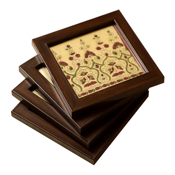 Handblock Printed Traditional Motifs Tussar Wooden Coaster Set of 4