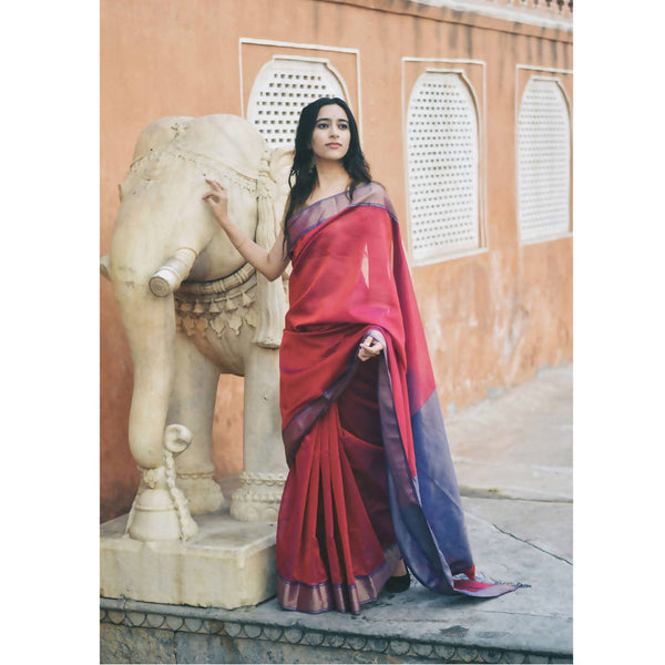 Maheshwari Cotton Silk Saree | Red & Blue