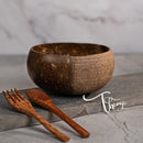 Coconut Bowl With Spoon and Fork | Bowl Set | Carved | 900 ml | Brown