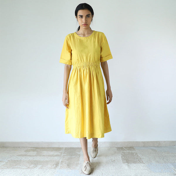 Dresses For Women | Cotton Poplin | Round Neck | Yellow