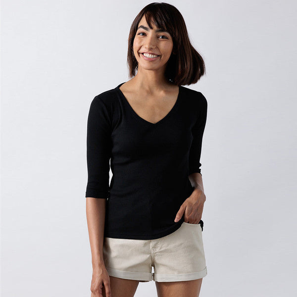 Cotton Modal Ribbed V-Neck Top | Carbon Black