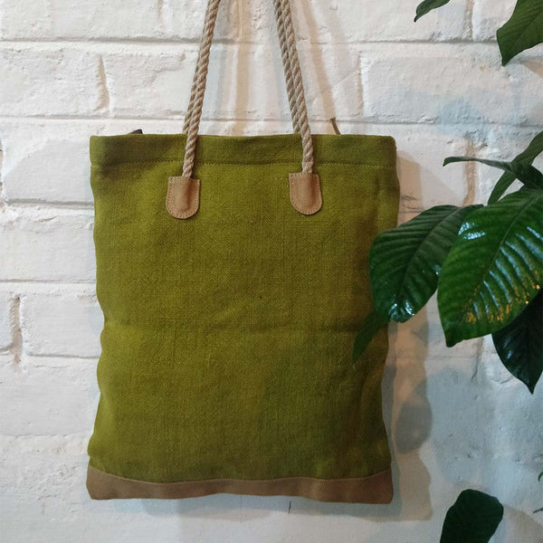 Handcrafted Jute Rope Handle Canvas Book Bag | Olive