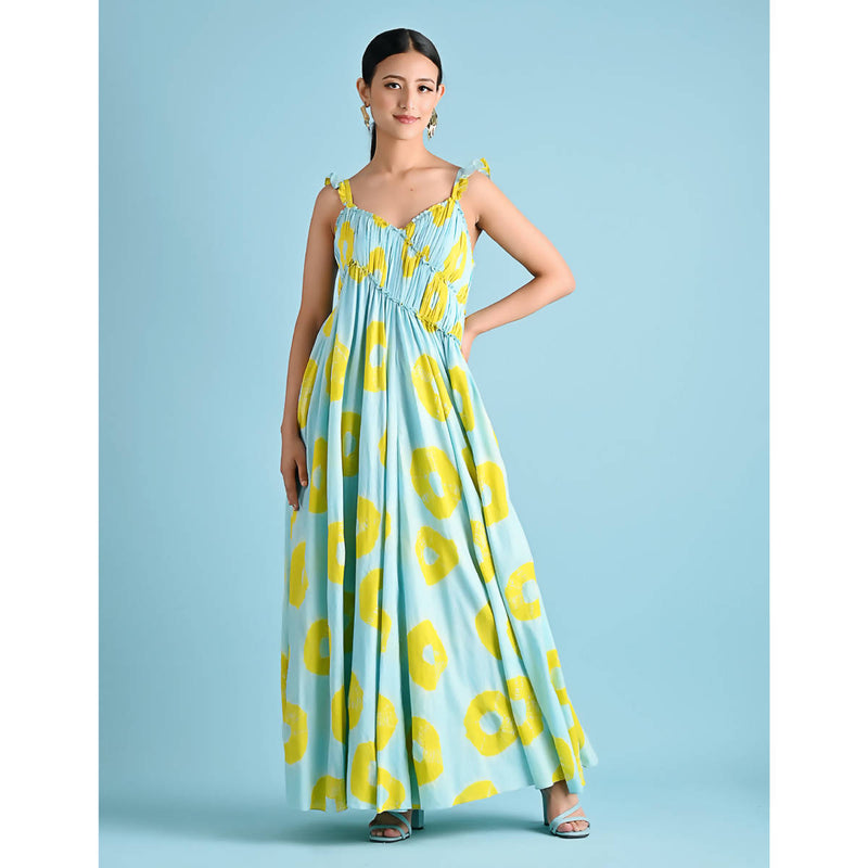 Cotton Bandhani Maxi Dress | Blue & Yellow