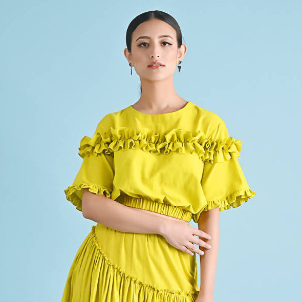 Pure Cotton Ruffled Crop Top | Yellow