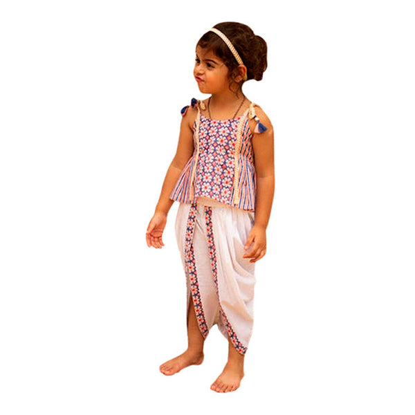 Organic Cotton Top with Dhoti for Girls | Blue & White