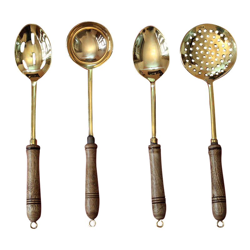 Brass Utensils | Ladles with Wooden Handles | 9 inches | Set of 4