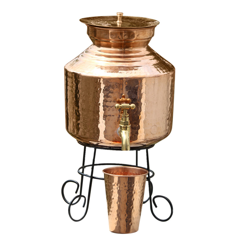 Copper Utensils | Copper Water Dispenser with Lid | Glass & Stand | 10 L