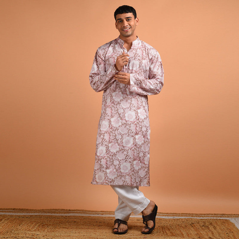 Pure Cotton Kurta For Men | Hand Block Printed | Brown