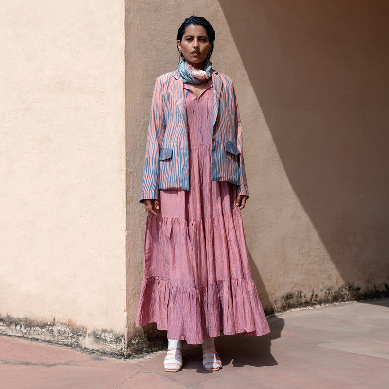 Handwoven Cotton Silk Pink & Blue Notch Collar Jacket