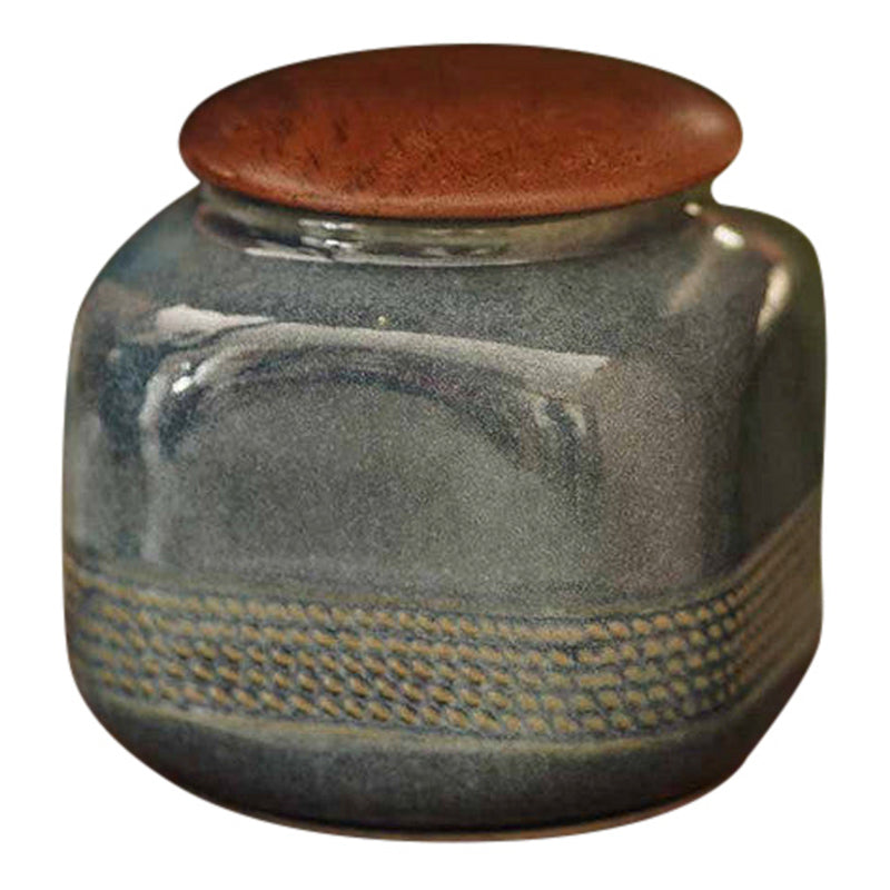 Handcrafted Blue Ceramic & Wood Container.