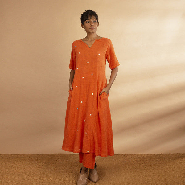 Handloom Cotton Orange Embroidered Dots A-Line Kurta Set